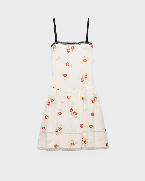 Embroidered linen mini-dress with floral motif