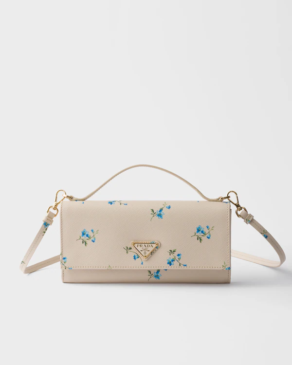 Printed Saffiano leather wallet with shoulder strap