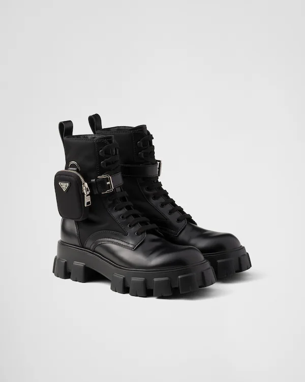 Monolith brushed leather and Re-Nylon boots with pouch