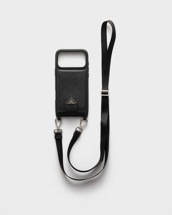 Saffiano leather case for iPhone 17 Pro Max with shoulder strap