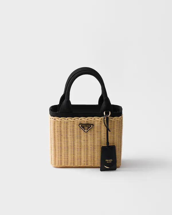 Small wicker and canvas tote bag
