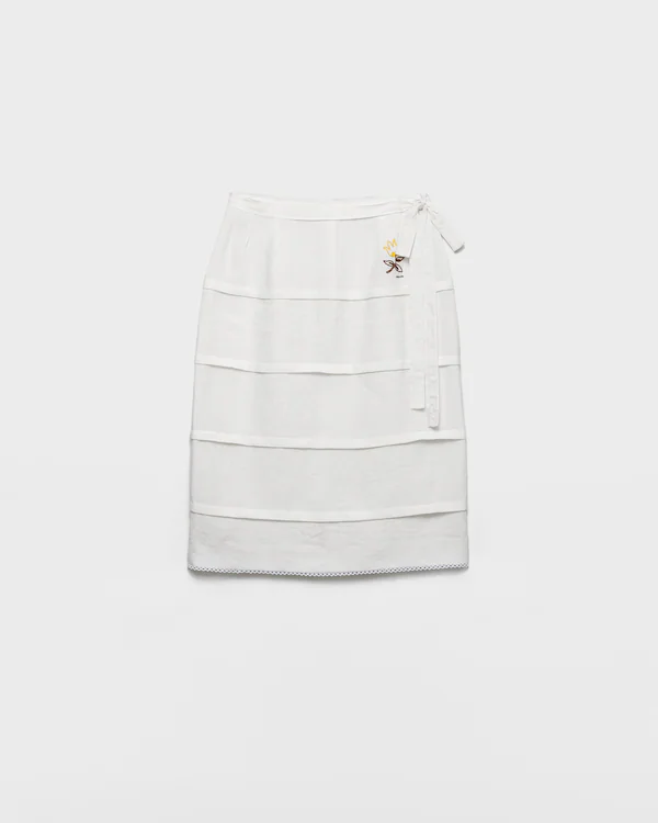 Embroidered slubbed linen skirt