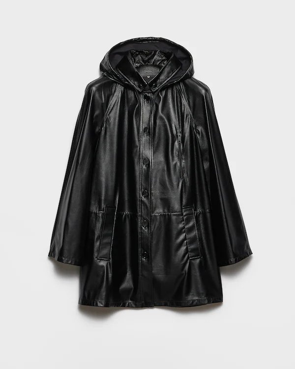 Hooded nappa leather and fabric caban jacket