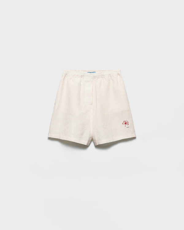 Embroidered slubbed linen shorts